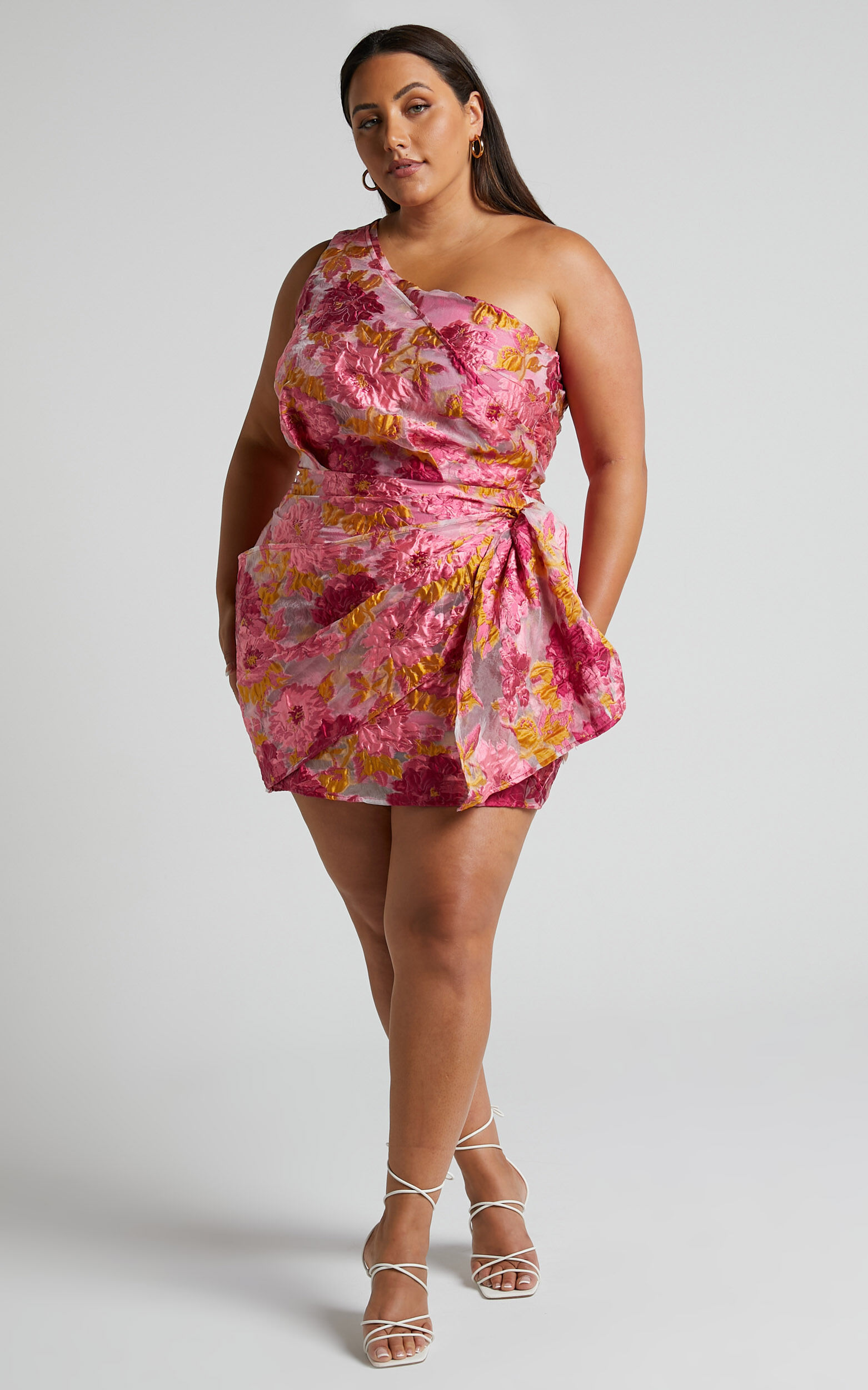 Brailey Mini Dress - One Shoulder Wrap Front Dress in Pink