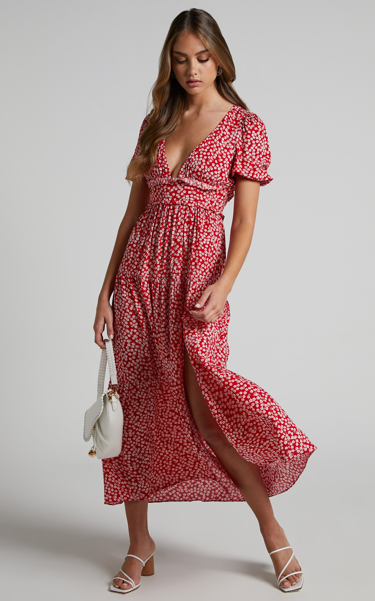 Luisella Midi Dress Puff Sleeve Tiered Dress in Red Ditsy Floral
