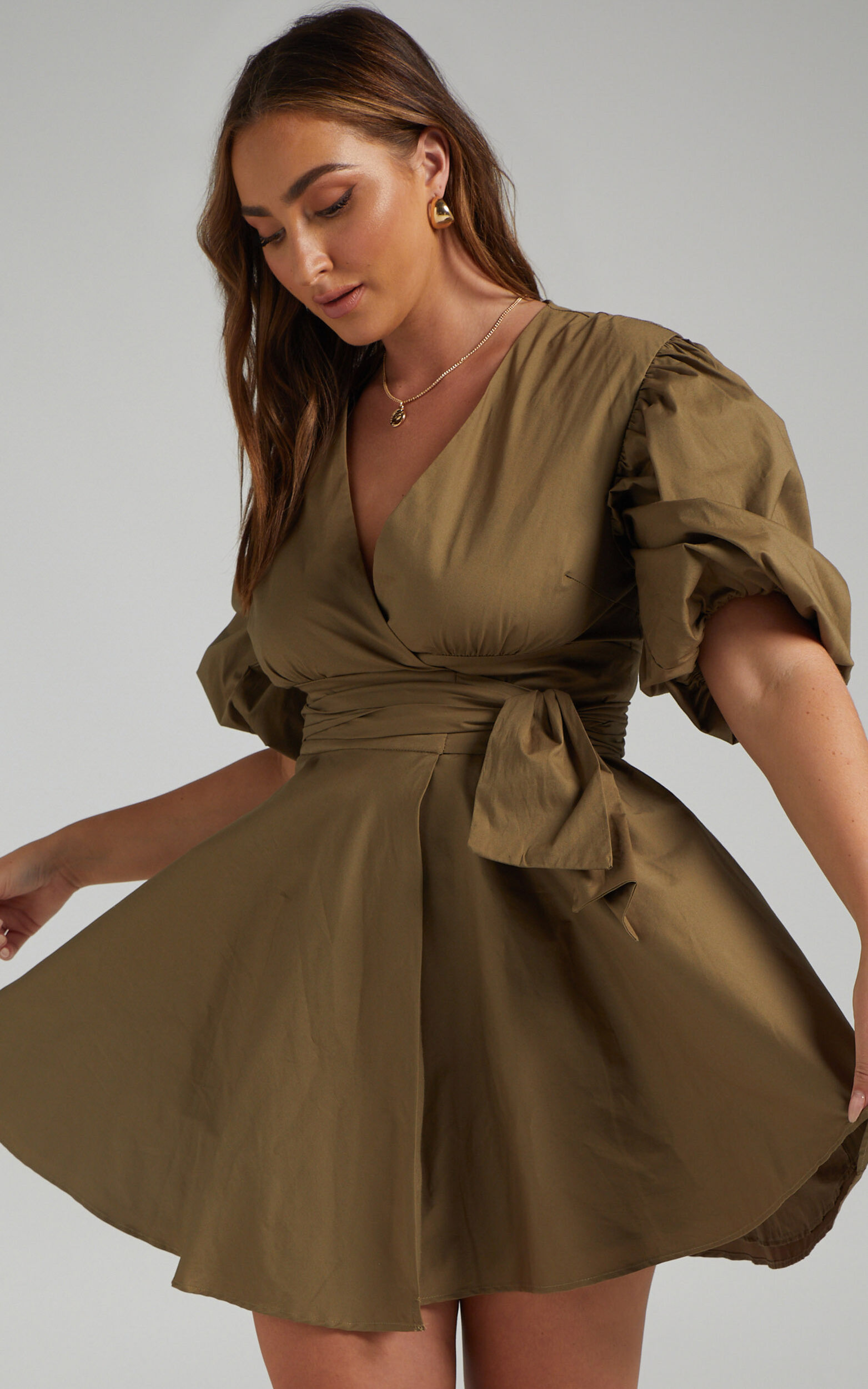 Zyla Mini Dress - Puff Sleeve Wrap Dress in Olive - 04, GRN3