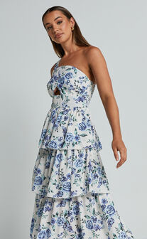 Caro Midi Dress - One Shoulder Tiered Dress in Blue Floral
