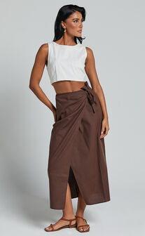 Genna Midi Skirt - Linen Look Wrap Skirt in Chocolate