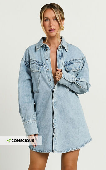 Amalie The Label - Herrera Recycled Cotton Denim Dress in Mid Blue Wash