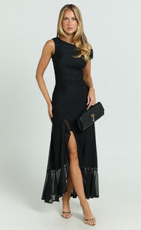 Judee Midi Dress - One Shoulder High Side Split Dress in Black
