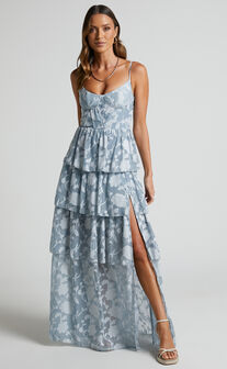 Janezkie Midi Dress - Femme Tiered Formal Dress in Light Blue