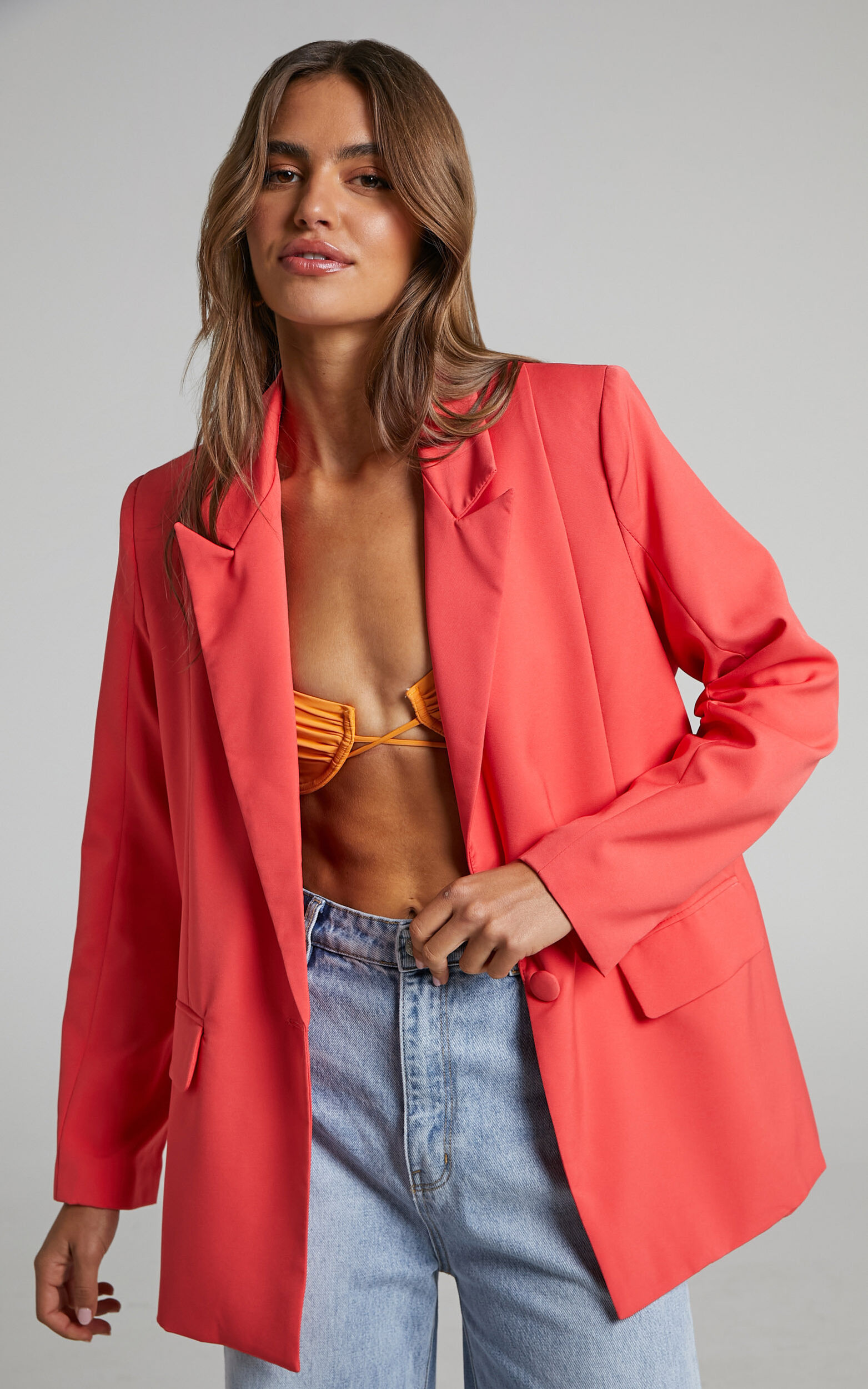 Sharmiel Blazer - Plunge Neck Oversized Longline Blazer in Orange - 06, ORG1