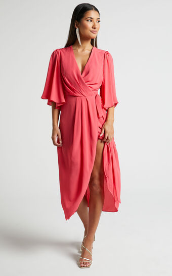 Meagan Midi Dress - V Neck Flutter Sleeve Pleated Detail Wrap in Pink