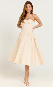 April Midi Dress - Sweetheart Wide Pleated Dress in Cream