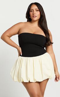 Harley Mini Dress - Strapless Drop Waist Bubble Hem Contrast Dress in White/Black