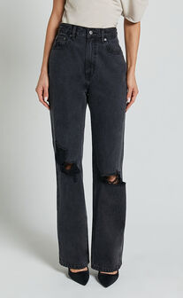 Miho Jeans - High Waisted Recycled Cotton Distressed Straight Leg Denim Jeans in Washed Black