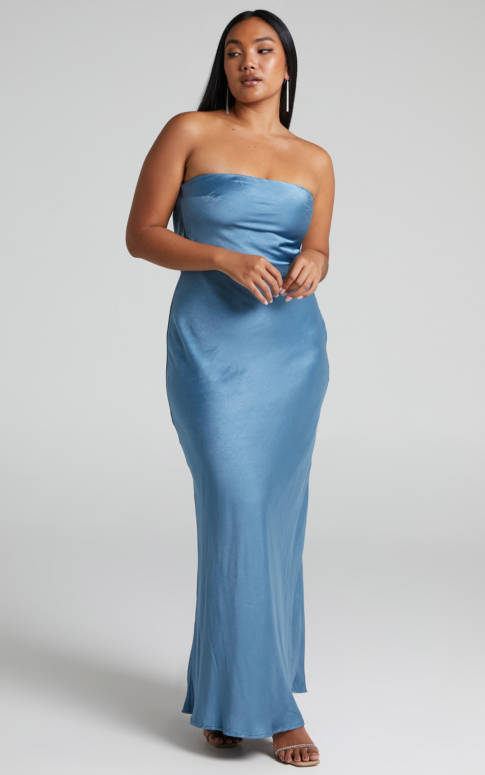 Charlita Maxi Dress - Strapless Cowl Back Satin Dress in Steel Blue