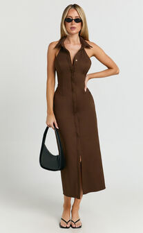 Lillibelle Midi Dress - Collared Button Down Bodycon Dress in Chocolate