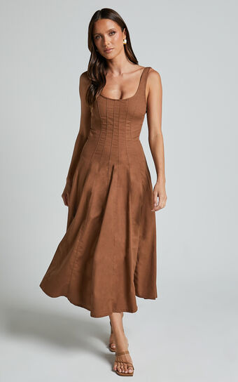 Adelyn Midi Dress Square Neck Sleeveless A Line in Tobacco 