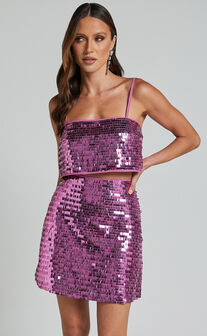 Barlyn Crop Top - Square Neck Crop Flat Sequin Top in Orchid