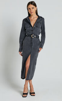 Alison Midi Dress - Long Sleeve Front Split Denim Dress in Washed Black