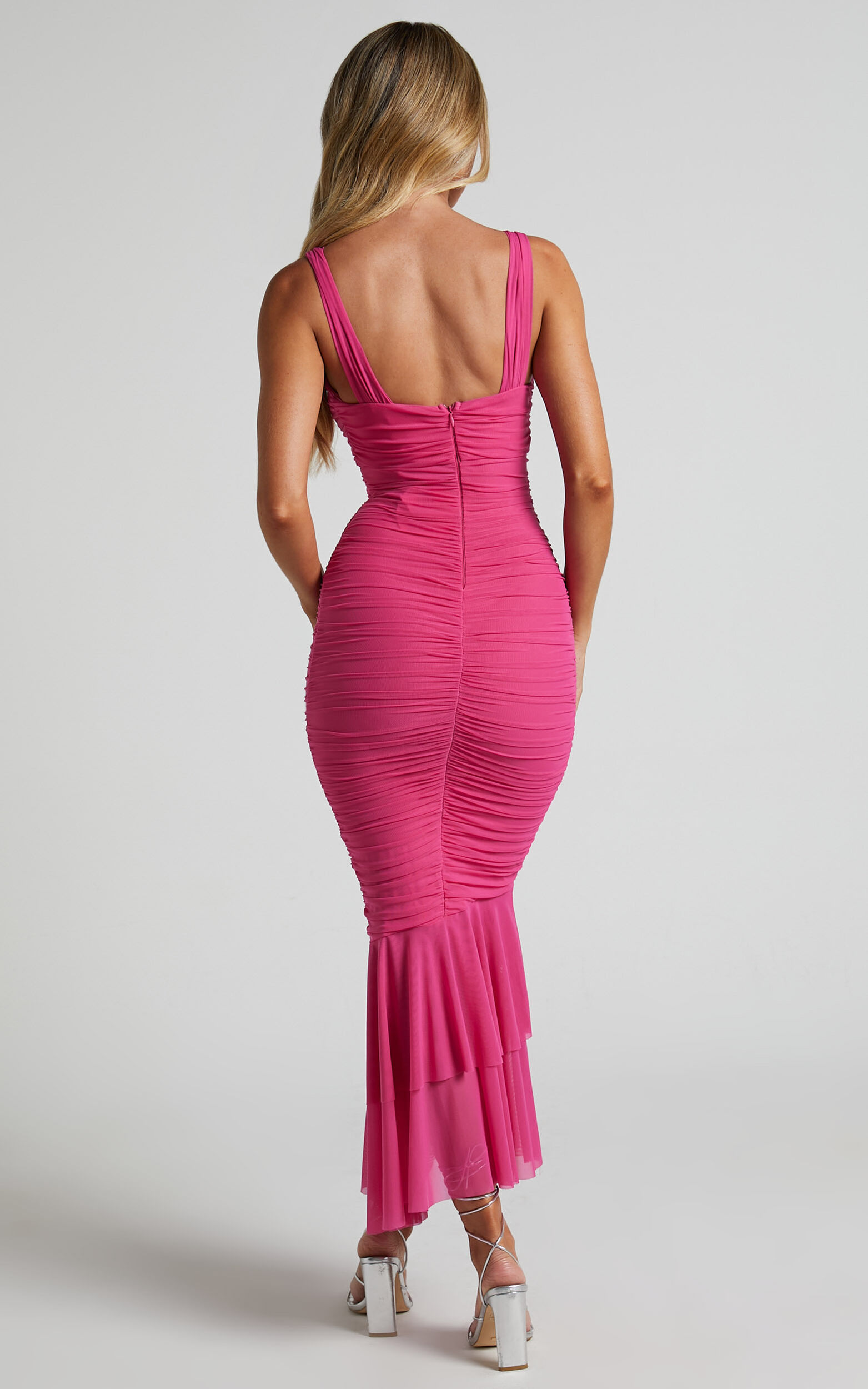 Kody Midi Dress - Bodycon Ruched Mesh Cut Out Dress in Hot Pink