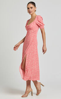 Marcel Midi Dress - Sweetheart Puff Sleeve Thigh Split Dress in Coral