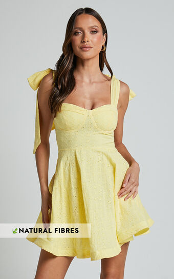 CLYDE MINI DRESS SWEETHEART TIE STRAP BRODERIE ANGLAISE in Lemon 