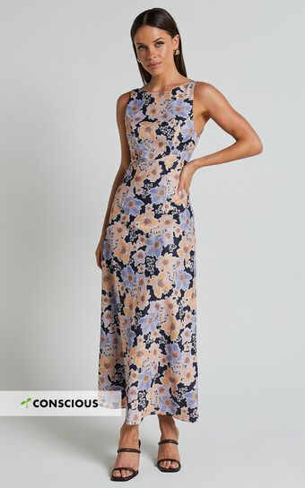 Jenibelle Midi Dress - Boat Neck Open Back Sleeveless Bias Cut Slip Dress in Mellow Floral