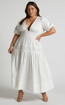 Mellie Midi Dress - Puff Sleeve Plunge Tiered Dress in White