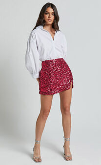Barlyn Mini Skirt - High Waisted Aline Flat Sequin Skirt in Pearl
