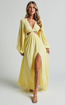 Paige Maxi Dress - Side Cut Out Balloon Sleeve Dress in Lemon