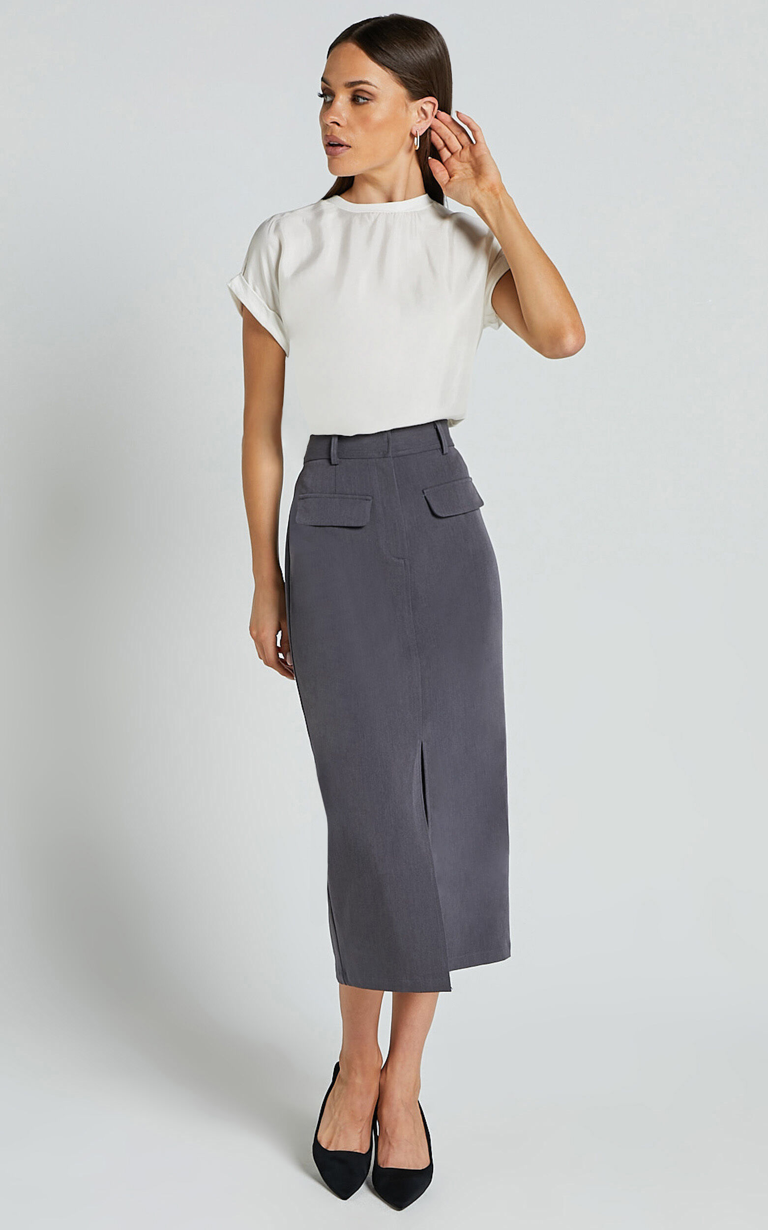 Brylee Midi Skirt High Waisted Front Split Skirt in Charcoal