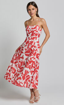Nylia Midi Dress - Strappy Fit and Flare Dress in Red Floral