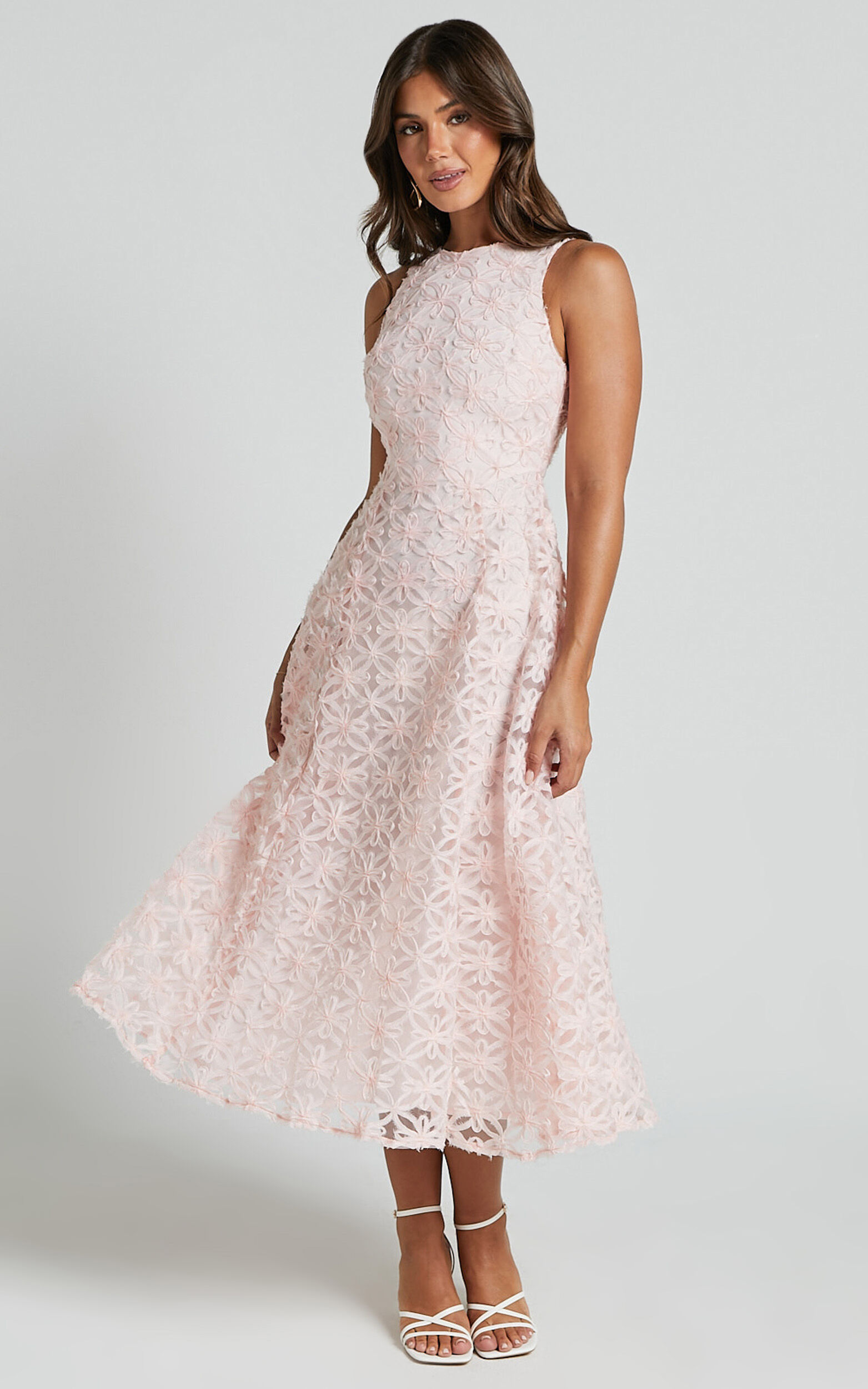 Georgina Midi Dress - Crew Neck Sleeveless A Line Dress in Blush Pink - 06, PNK1