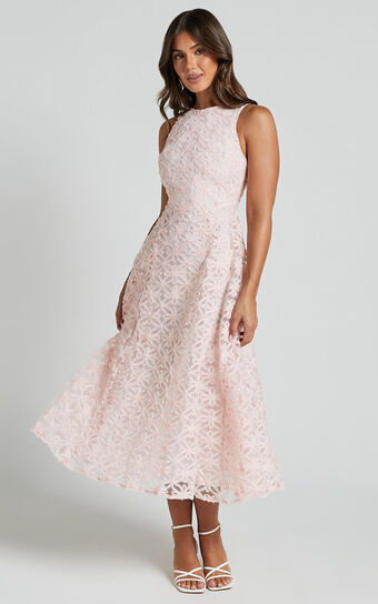 Georgina Midi Dress - Crew Neck Sleeveless A Line Dress in Blush Pink