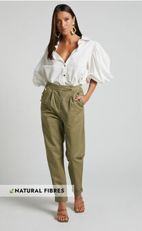 Amalie The Label - Mael Linen Blend High Waisted Tapered Pants in Khaki