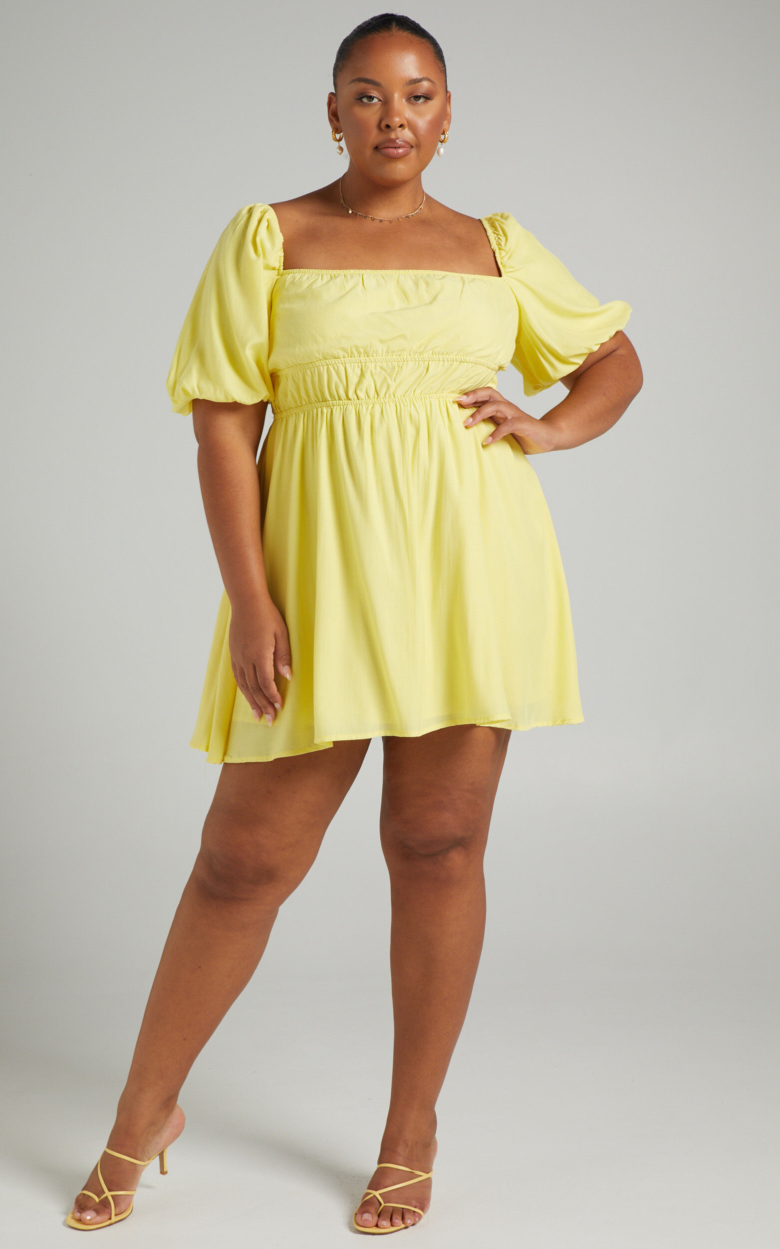 Maretta Mini Dress Stretch Waist Square Neck Dress in Butter