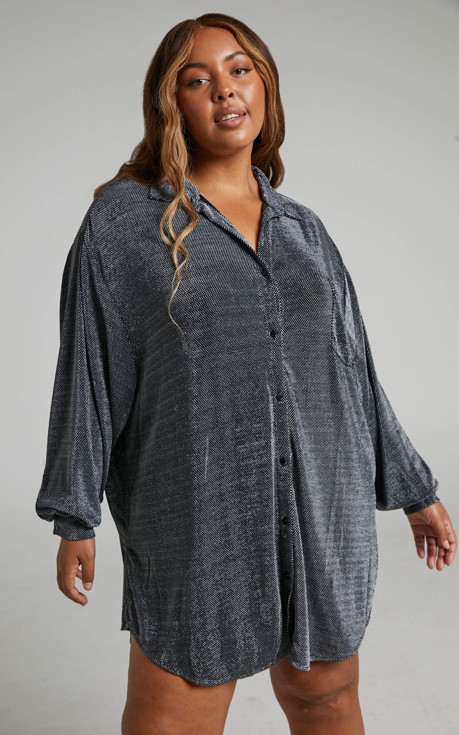 Ruri Mini Dress - Sparkly Oversized Shirt Dress in Black and Ruri Mini Dress - Sparkly Oversized Shirt Dress in Black and