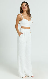 Sylvia Two Piece Set - Corset Top and High Waisted Wide Leg Pants Set in White