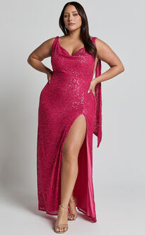 Malisha Maxi Dress - Sequin Cowl Neck Backless Dress in Pink