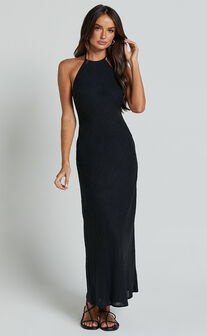 Cyrena Maxi Dress - Linen Halter Neck Sleeveless Slip Dress in Black