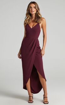 Lucky Day Midi Dress - V Neck Drape Dress in Wine
