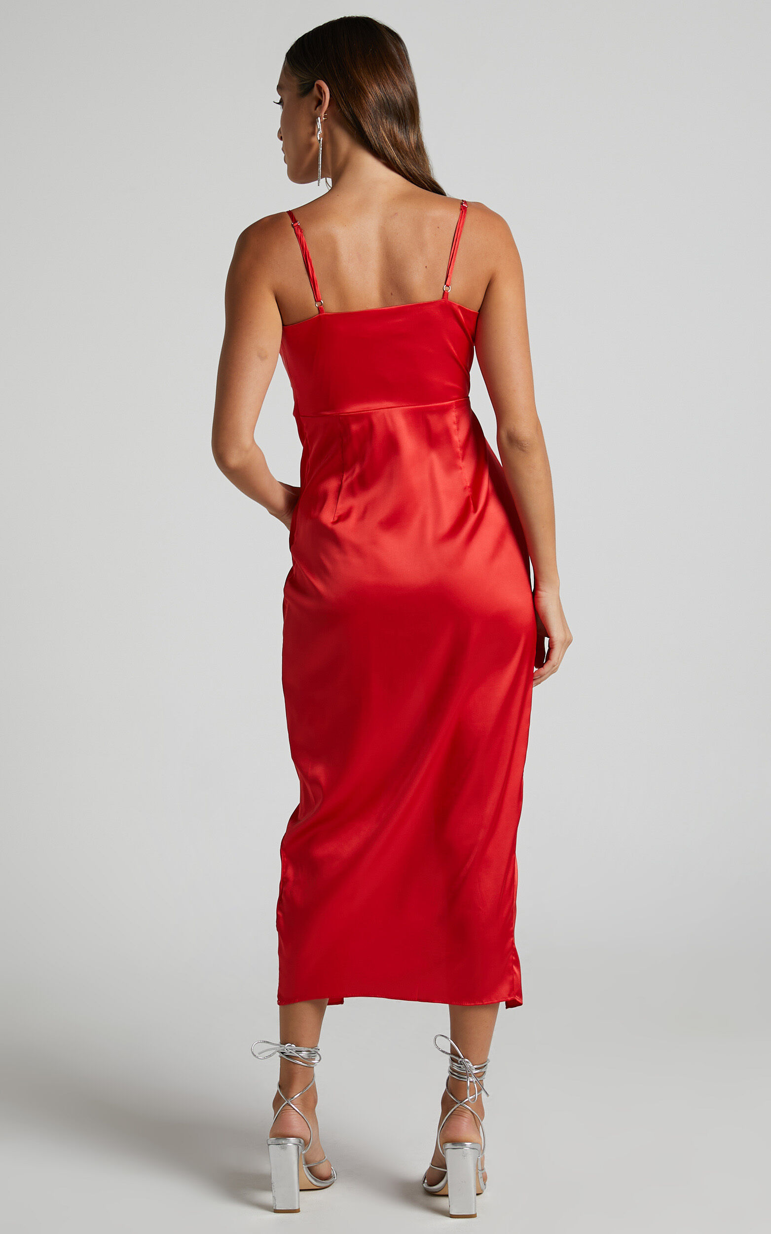 Abia Midi Dress V Neck Thigh Split Satin Dress in Red Showpo USA