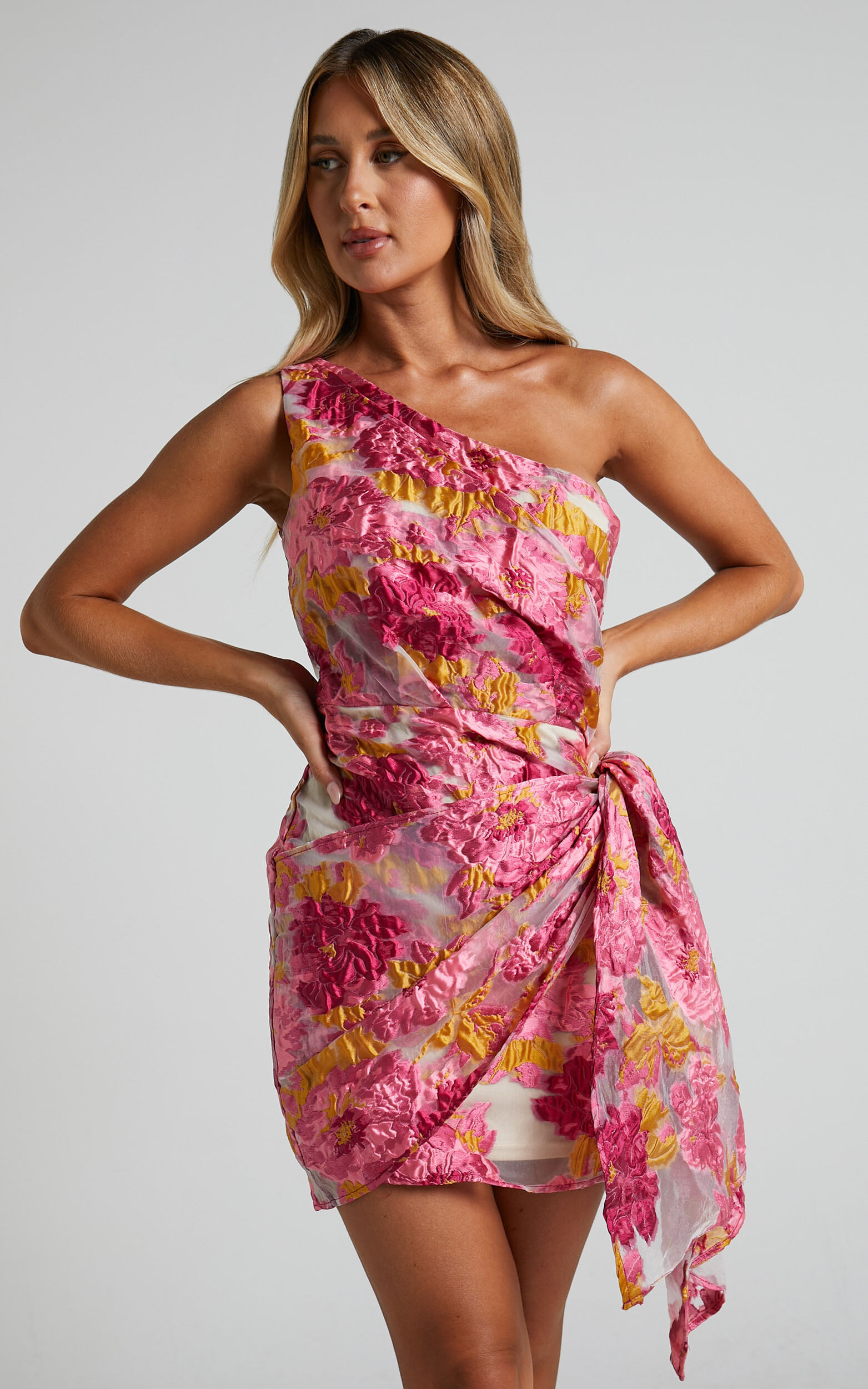 Kailey Mini Dress - One Shoulder Wrap Front Dress in Pink & Beige Jacquard - 04, PNK1