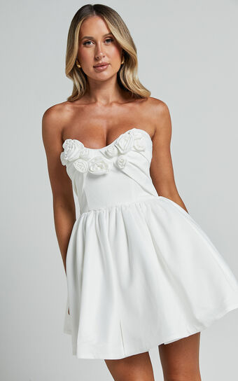 Angeletta Mini Dress - Sweetheart Rosette Detail Fit & Flare in White