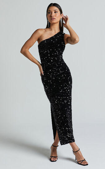 Leahanne Midi Dress - One Shoulder Sequin Dress in Black