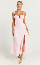 Maiya Midi Dress - Tie Front Fitted Bodice Dress in Soft Pink | Showpo USA