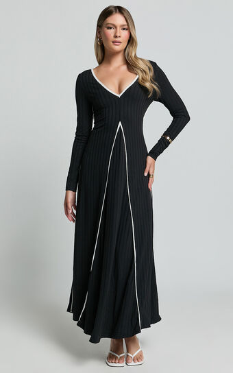 Margie Midi Dress - Long Sleeve Contrast Bind Ribbed Dress in Black