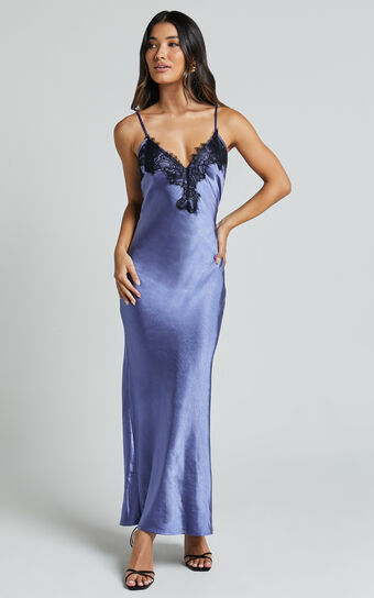 Ofeliya Midi Dress - Lace Trim Satin Slip Dress in Cornflower Blue