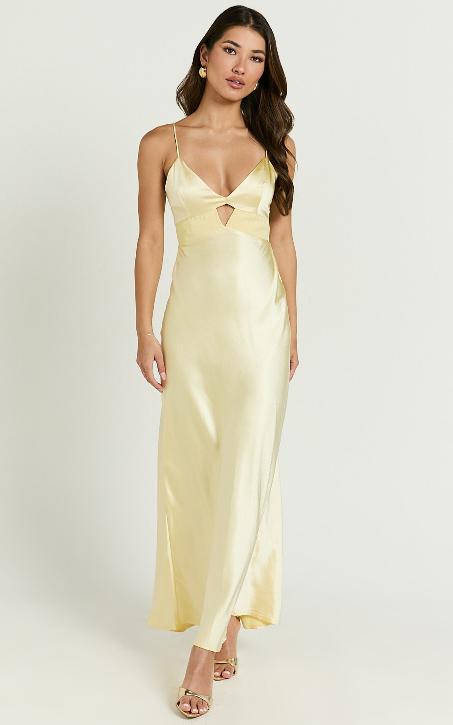 Charvie Midi Dress - V Neck Cut Out Detail Satin Slip Dress in Lemon - 06, YEL1