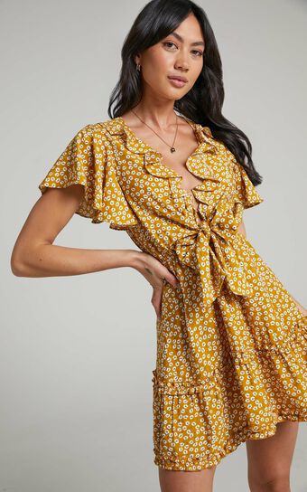 Emily Tie Front Frill Detail Mini Dress in Mustard Floral