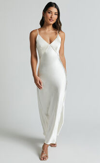 Niall Midi Dress - V Neck Satin Slip Dress in Pearl