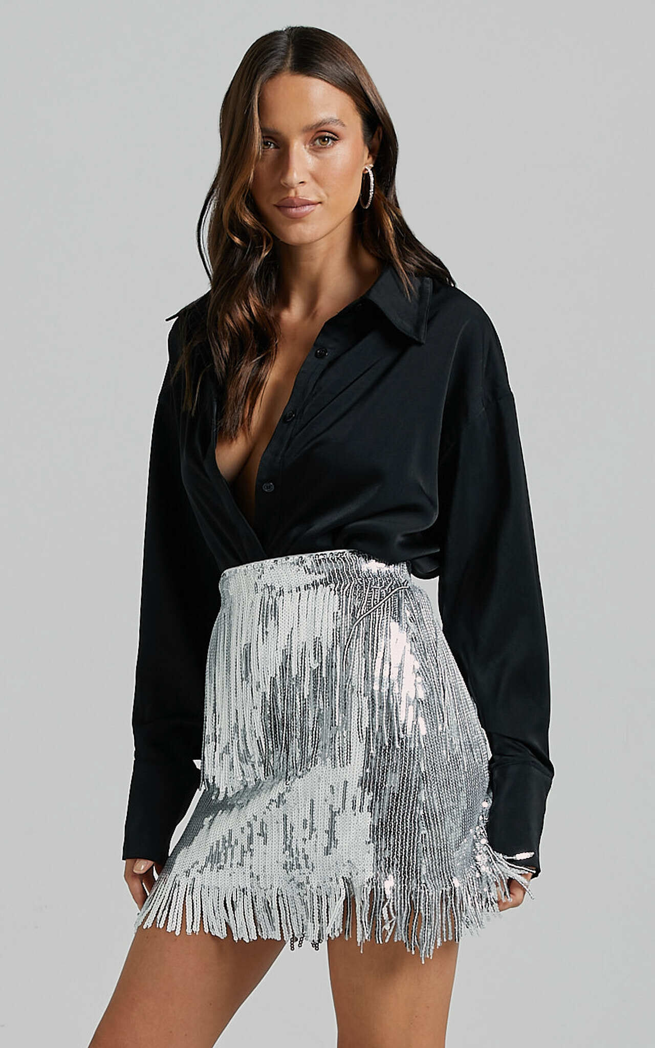 Silver sequin fringe skirt hot sale