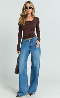 Cate Top - Long Sleeve Asymmetrical Neckline Top in Chocolate