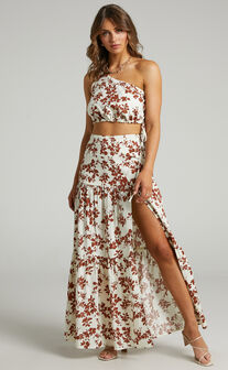 Meghan Two Piece Set - One Shoulder Crop Top and Midi Skirt Set in Shadow Floral