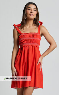 Cloe Mini Dress - Linen Look Tie Shoulder Shirred Dress in Red